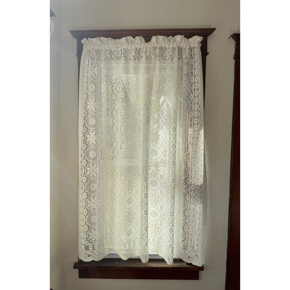 VTG‎ Crochet Lace Curtain Panel Floral Sheer Window Treatment Cottagecore Boho